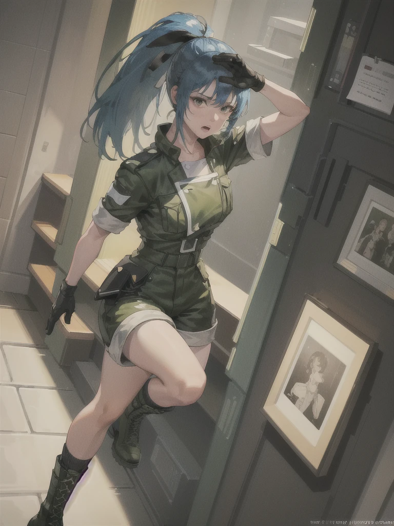 30-year-old woman, alone, athletic, blue hair tied in a ponytail, wears green military shorts, wears a green military top, wears dark gloves, has military boots, high resolution, perfect image, very detailed, high contrast, colors digital, simple, medium shot, cinematic, ultra-sharp focus, award-winning photography, perfect contrast, high sharpness, depth of field, ultra-detailed photography. global illumination, fluid, ultra high definition, 8k, Unreal Engine 5, ultra sharp focus, award-winning photography, Art Season Trends,
