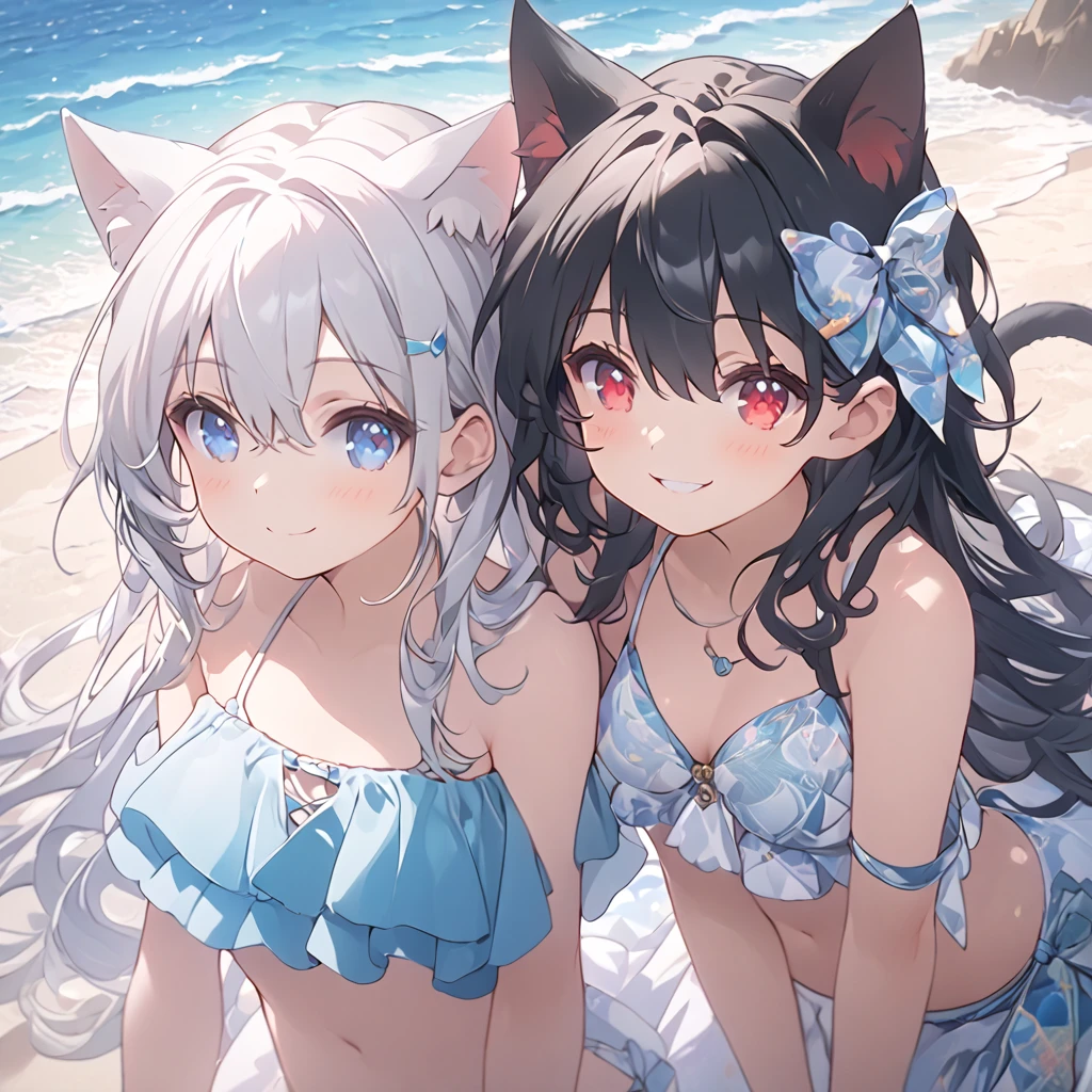 *8k Masterpiece, Top Quality, Best Quality, Official Art, (Beauty and Aesthetics: 1.3), Extremely Detailed, (Fractal Art: 1.3), 2 girls. 1 with black hair. and red eyes 1 with white hair and blue eyes. cute. cat ears. smile. bikini. beach. 