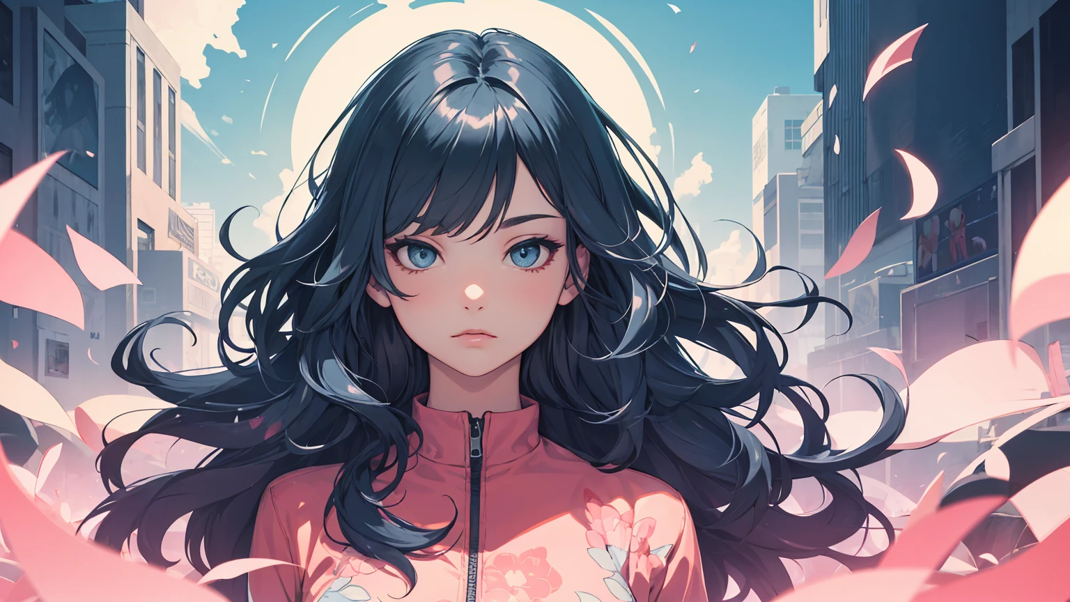 (masterpiece, best quality), beautiful woman, soft light, crop-top with floral pattern, short skirt, cleveage, wavy hair, ponytail, asymmetrical bangs, perfect face, beautiful face, alluring, big gorgeous eyes, soft smile, perfect slim fit body, outdoors, standing, abstract background, bright colors, (risograph), full body shot, fullbody, medium breasts, solo, cleveage, sexy