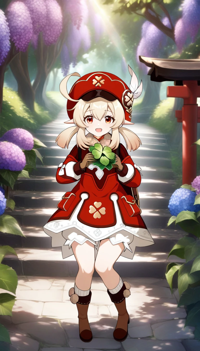 masterpiece, best quality, very aesthetic, absurdres, 1girl, mature_lady, holding 2 big white rabbits, rabbits on breasts, upper body,,klee_(genshin_impact), genshin_impact, blonde_hair, ahoge, hair_between_eyes, low_twintails, medium_hair, pointy_ears, sidelocks, cabbie_hat, red_hat,four-leaf_clover, clover_print, brown_gloves, gold_trim, pom_pom_(clothes), puffy_sleeves, puffy_long_sleeves, light_long_sleeves, bloomers, dress, red_dress, ankle_boots, brown_footwear, kneehighs, white_socks, bandaid, pocket,,Wallpaper Fusion, dappled sunlight, day, flower, hydrangea, leaf, light rays, nature, outdoors, path, plant, purple flower, scenery, stairs, sunlight, torii, tree, wisteria,floating_clothes