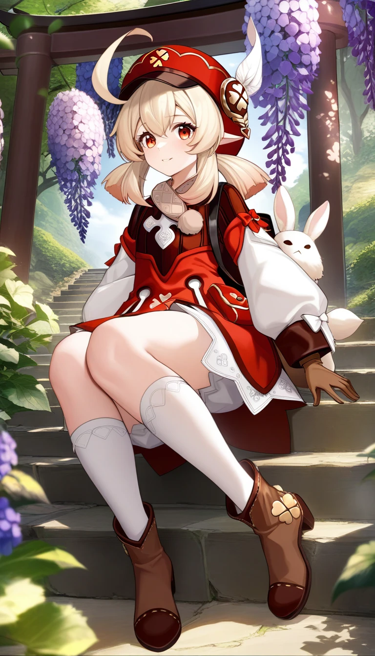 masterpiece, best quality, very aesthetic, absurdres, 1girl, mature_lady, holding 2 big white rabbits, rabbits on breasts, upper body,,klee_(genshin_impact), genshin_impact, blonde_hair, ahoge, hair_between_eyes, low_twintails, medium_hair, pointy_ears, sidelocks, cabbie_hat, red_hat,four-leaf_clover, clover_print, brown_gloves, gold_trim, pom_pom_(clothes), puffy_sleeves, puffy_long_sleeves, light_long_sleeves, bloomers, dress, red_dress, ankle_boots, brown_footwear, kneehighs, white_socks, bandaid, pocket,,Wallpaper Fusion, dappled sunlight, day, flower, hydrangea, leaf, light rays, nature, outdoors, path, plant, purple flower, scenery, stairs, sunlight, torii, tree, wisteria,floating_clothes