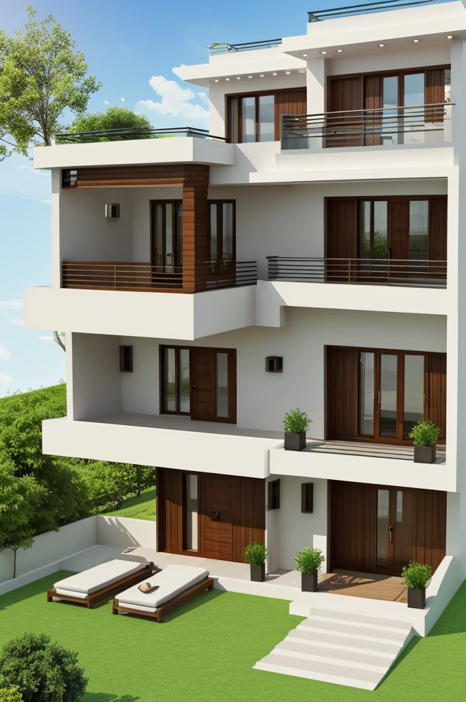 Create the design of a 2-story house with 3 rooms on the first floor and a terrace on the 2nd floor 