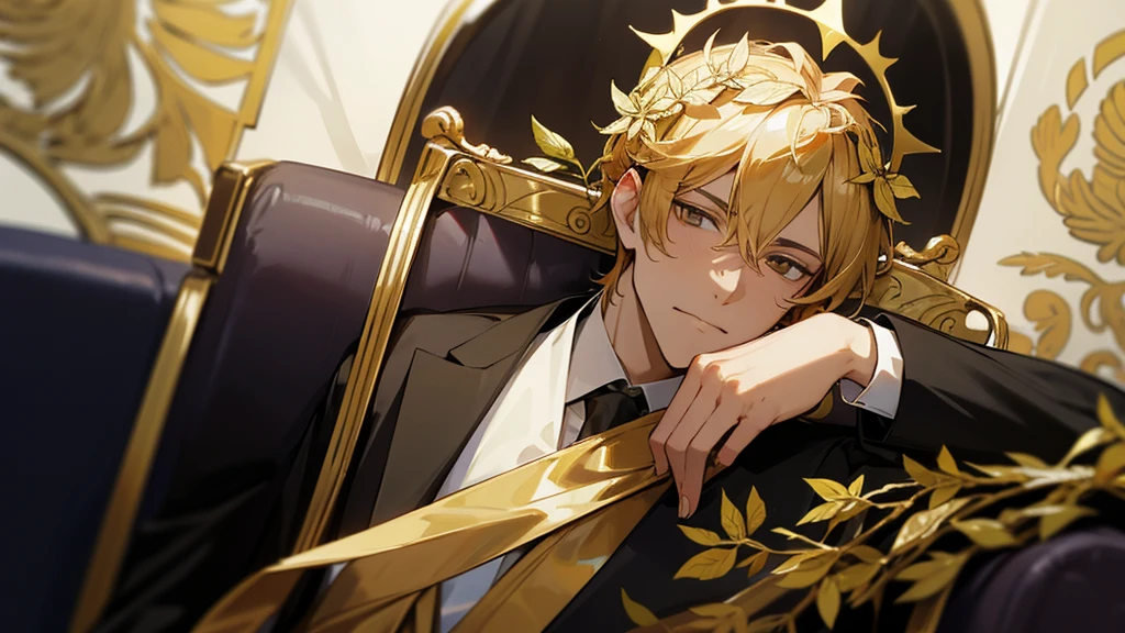 politician siting in a limo wearing roman imperial golden laurel wreath on his head,
