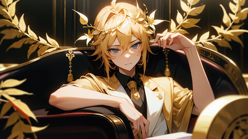 politician siting in a limo wearing roman imperial golden laurel wreath on his head,