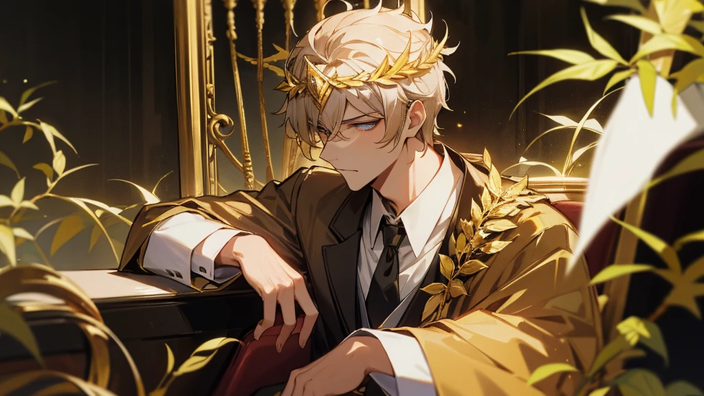 politician siting in a limo wearing roman imperial golden laurel wreath on his head,