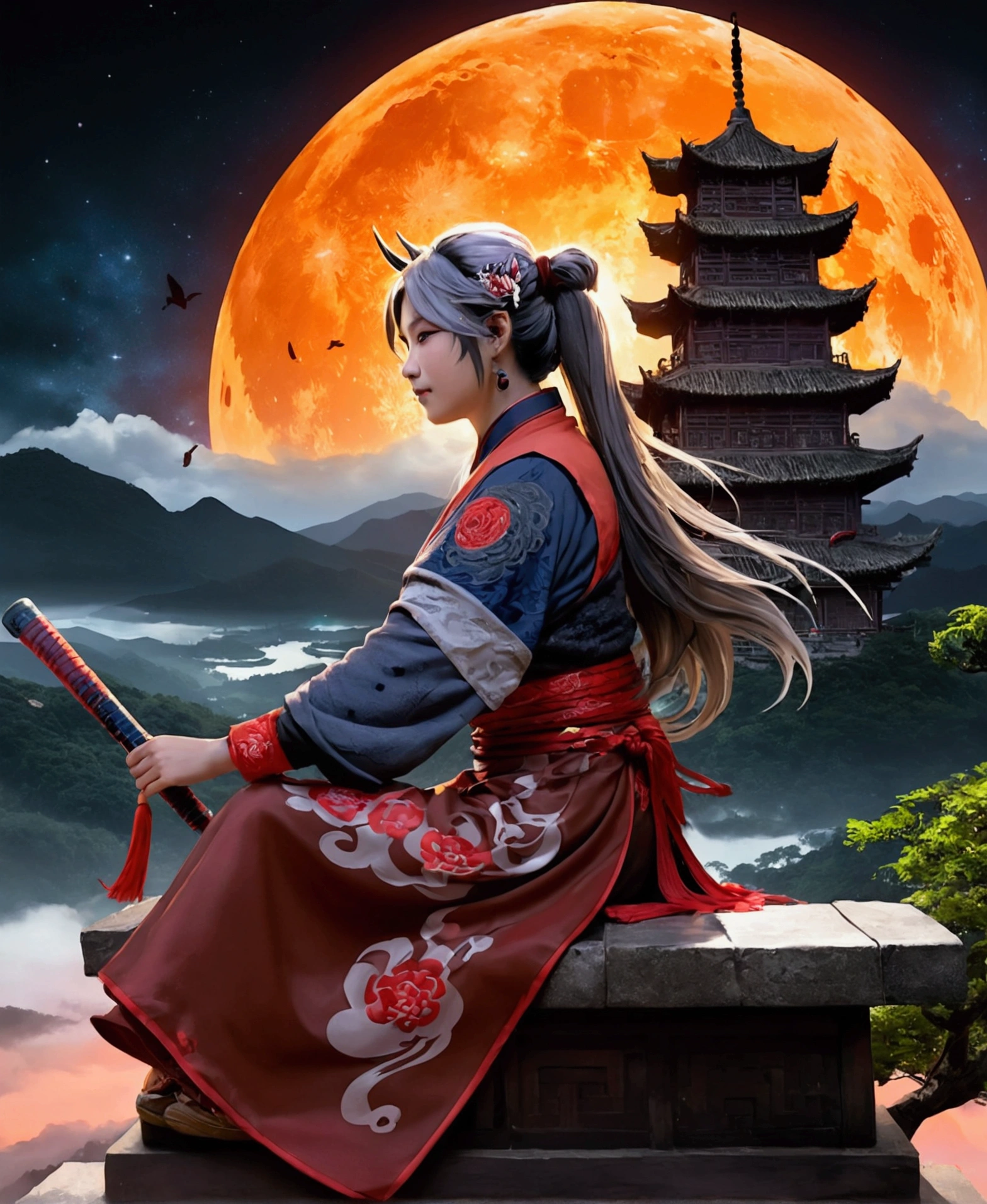 sky, star (sky), scenery, starry sky, night, 1girl, night sky, solo, outdoors, cloud, milky way, sitting, long hair, city, cityscape, winner of cg society competition, fantasy art, dreamy Chinese town, Chinese landscape, Chinese fantasy, Chinese ink style, pin ancient city view, order Impressive fantasy landscape, most epic landscape, pagoda on hill, mountainous jungle environment, avatar landscape, chinese village.