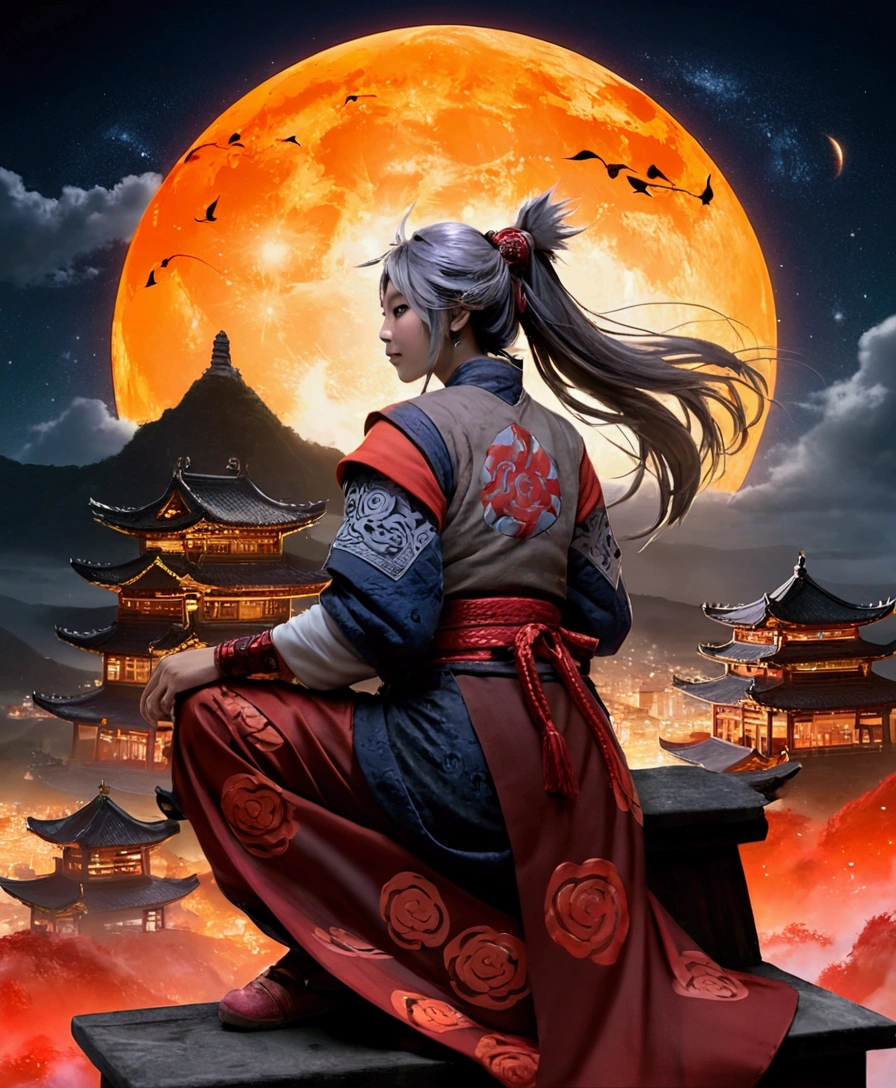 sky, star (sky), scenery, starry sky, night, 1girl, night sky, solo, outdoors, cloud, milky way, sitting, long hair, city, cityscape, winner of cg society competition, fantasy art, dreamy Chinese town, Chinese landscape, Chinese fantasy, Chinese ink style, pin ancient city view, order Impressive fantasy landscape, most epic landscape, pagoda on hill, mountainous jungle environment, avatar landscape, chinese village.