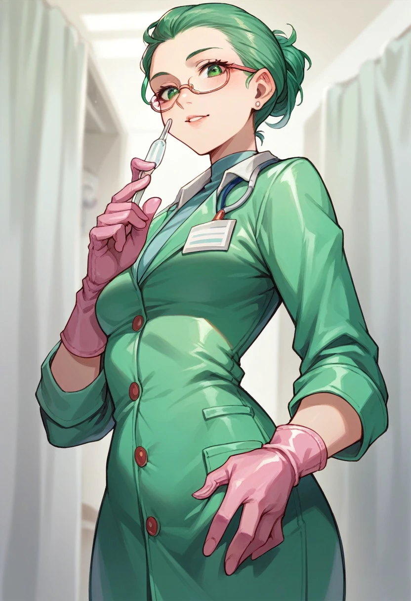 1girl, ((pink gloves)), ((surgical gloves)), ((latex gloves)), ((green surgeon outfit)), looking at viewer, ((long sleeves)), ((doctor)), standing, solo