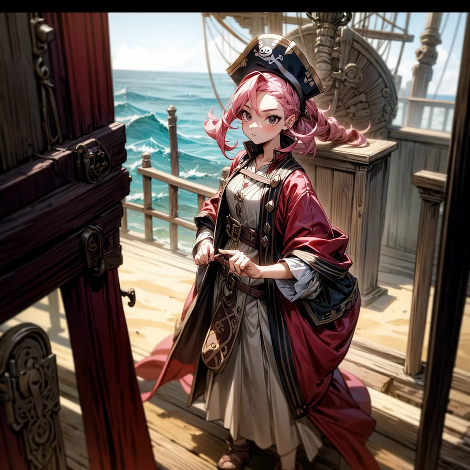 1girl, Full body version, 1character, girl version, black eyes, long Curly haircut, pink colour hair, ancient pirate style clothing, red colour clothing, Grassroots, background in the ship, motion blur, (pokemon style), standing gesture, pirate hat,