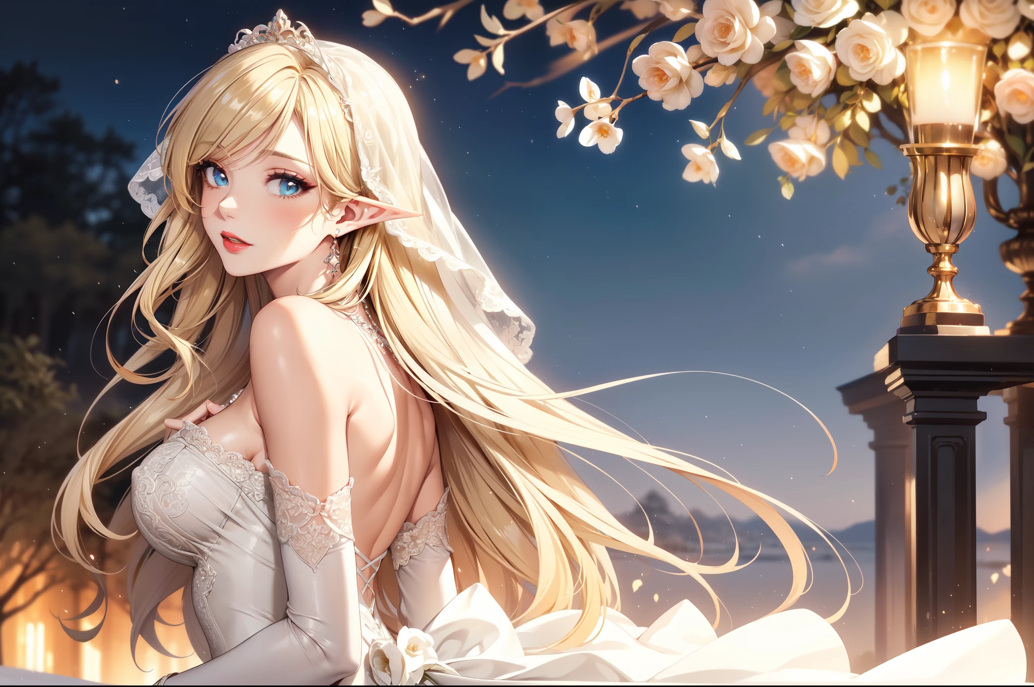 (masterpiece, best quality, beautiful and aesthetic:1.3), A beautiful elf lady, look back, side view, 1 elf girl, (solo:1.3), light smile, (honey blonde hair streaked beige:1.4), (Gradient sliver hair ends:1.6), hair strand, absurdly long hair, single sidelock, wavy hair, shiny hair, floating hair, (sky blue eyes), delicate eyes, aqua eyes, super high detailed eyes, long upper eyelashes, eyes makeup, red lips, Focus on face, Very detailed facial, (Pretty Face:1.3), Perfect medium chest, slim body, porcelain skin, (Delicate skin texture:1.2), (Highly detailed skin:1.2), bridal veil, lace-trimmed dress, see-through, wedding dress, (outdoors), white roses, garden, (morning), detailed background, beautiful background, standing, whole body, extreme detailed, Edge lighting, two color lights, 8K UHD, Bokeh, イーブイの絵, soft light, Volumetric lighting, confess, warm tone