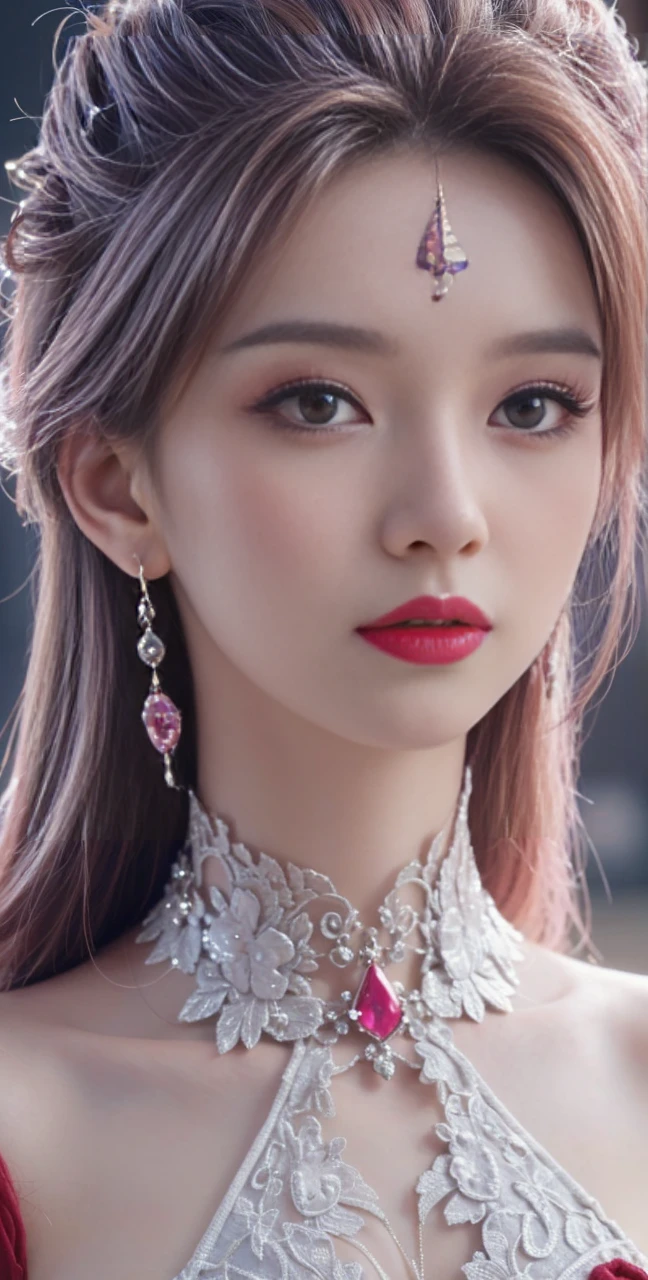 best quality, tmasterpiece,Ultra-high resolution,Clear face,(Reality:1.4),ferpect lighting,(upper body shot), (photorealistic:1.50), anime wallpaper, Guviz style artwork, cover-up fantasy up to magic , by Yang J, Guviz, beautiful artwork illustration, beautiful digital artwork, beautiful digital illustration, Li Song, beautiful anime portrait, art style in Beauvot, Lips wear thick red lipstick,