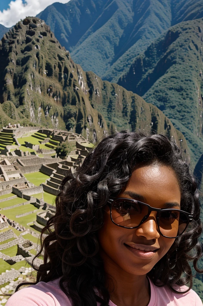 For him: long loose curly black style,
 eyes: negro, 
Skin color: so white,
taking a selfie in Machu Picchu Peru ,
 Age:let him see 13,
 lips: pink glasses: Sunglasses Without clothes 