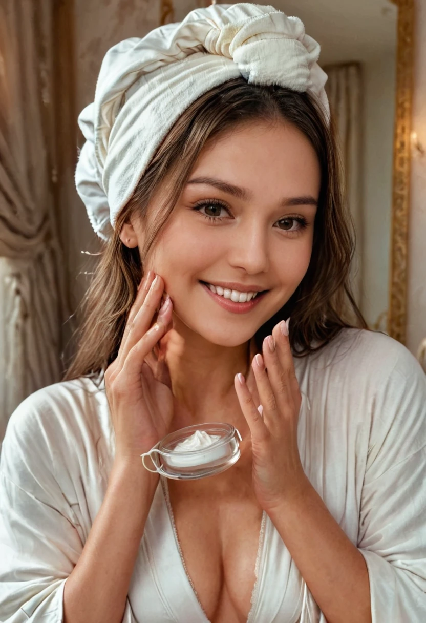 "Anikaxxx (anikaxxx), a beautiful woman with long brown hair, is gently touching her face in a sensual manner while applying face cream. She is wearing a white headband and a white robe, smiling gently as she cares for her skin. She holds a small jar of cream in one hand while her other hand, with perfectly shaped and natural-looking fingers, softly caresses her cheek, giving the impression of a luxurious skincare routine. The scene is well-lit, giving a soft and natural look to her complexion. The background is slightly blurred, focusing on her reflection in the mirror and her radiant smile. The overall atmosphere is calm, clean, and inviting, emphasizing the woman's natural beauty and sensuality during her skincare routine."