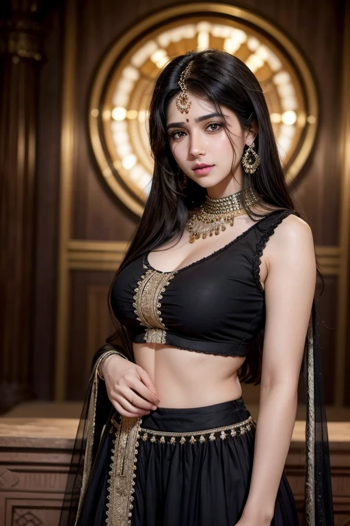 Ek shehzadi jo laal rang ka full sharara pehni hai aur uske lambe black brown hair hain aur inki skin sweaty hai aur inke breasts bhi dikh rahe hain