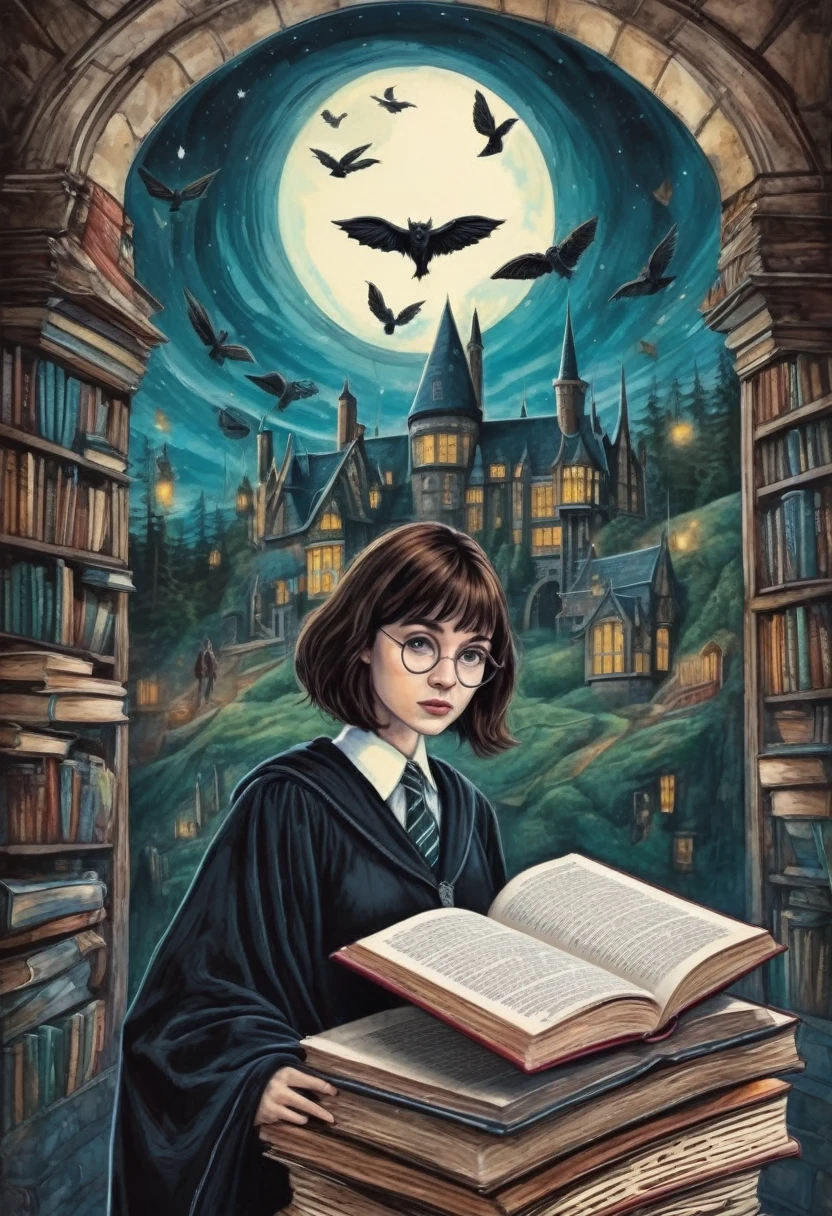 a surreal abstract woodblock print, With the theme "movie theme, series and books with reference to Harry Potter, anne de greem gables e dark academy" long hair