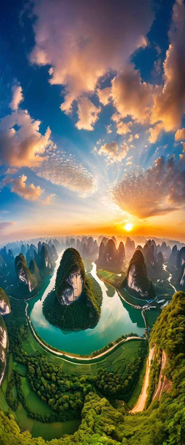 (Highest quality),(masterpiece:1.2),(Very detailed:1.2),Ultra-high resolution,RAW color photos,8K,Fisheye Lens,Vast landscape photography,Realistic photos,Elaborate photos,Skydiving viewpoint,Written boundary depth,Sharp focus,In the clouds,Guilin,Sunset,Beautiful colors,Written boundary depth,Wide Light,Low contrast,Backlight,Sharp focus,Vibrant colors,moving composition