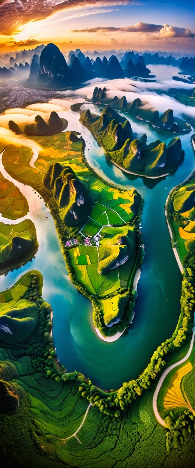 (Highest quality),(masterpiece:1.2),(Very detailed:1.2),Ultra-high resolution,RAW color photos,8K,Fisheye Lens,Vast landscape photography,Realistic photos,Elaborate photos,Skydiving viewpoint,Written boundary depth,Sharp focus,In the clouds,Guilin,Sunset,Beautiful colors,Written boundary depth,Wide Light,Low contrast,Backlight,Sharp focus,Vibrant colors,moving composition