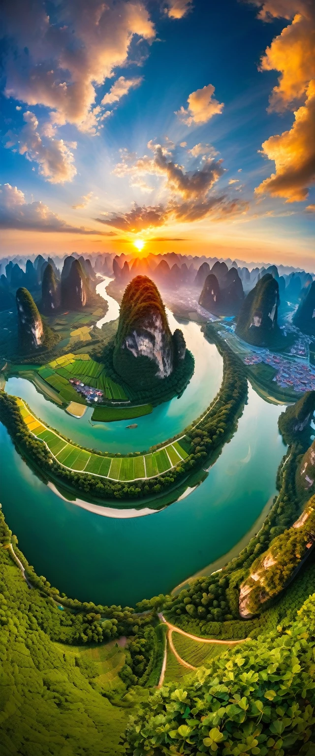 (Highest quality),(masterpiece:1.2),(Very detailed:1.2),Ultra-high resolution,RAW color photos,8K,Fisheye Lens,Vast landscape photography,Realistic photos,Elaborate photos,Skydiving viewpoint,Written boundary depth,Sharp focus,In the clouds,Guilin,Sunset,Beautiful colors,Written boundary depth,Wide Light,Low contrast,Backlight,Sharp focus,Vibrant colors,moving composition