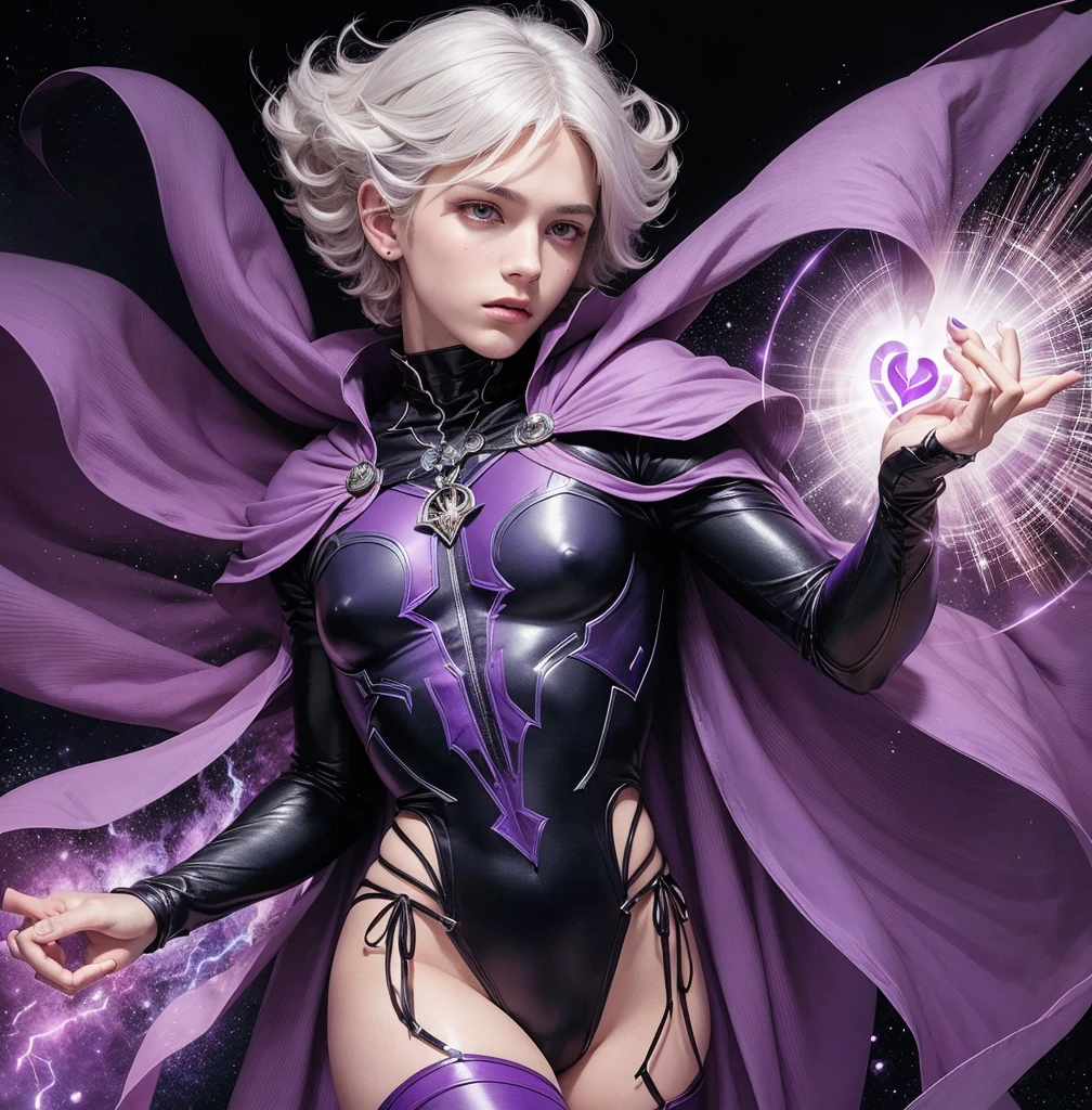 American classic comic book art: beautiful ethereal young boy delicate, intermediate light white hair with beautiful messy, pointy ears, purple-indigo tight bodysuit adorned by mystical symbols, dark gloves, purple long sleeves, purple world of dreams, conjuring magic energy symbols, magenta cape adorned with symbols, sorcerer, white eyes, showing thighs, very young face man, beautiful thighs, classic comic book,