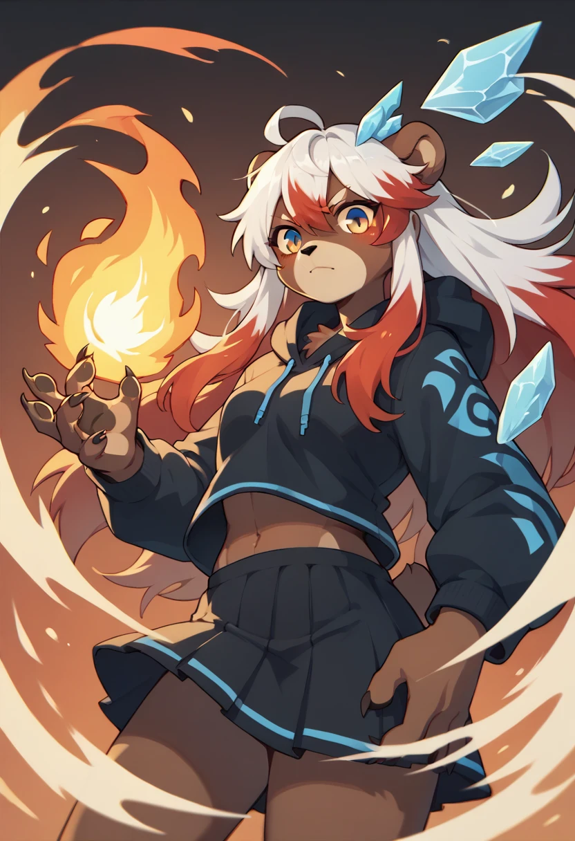 1girl furry,bear, black and white hair, ice powers,Fire powsers, red hair dye tips in hair, long hair, skirt, hoodie, blue and red, ice and fire,one blue eye, one orange eye