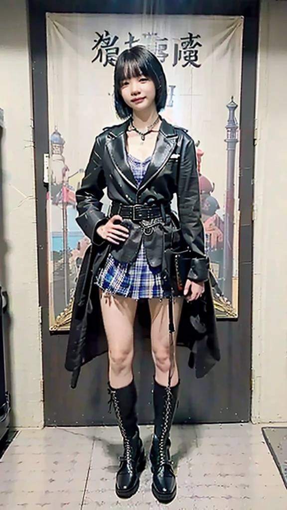 (8K、RAW Photos、Highest quality、masterpiece:1.2)、(Realistic、Photorealistic)、1 Girl、((Check mini skirt、boots、I can see your feet、belt、Big Breasts、Viewed from the front、Stand with your feet apart、)、Lots of eyelashes、Add shine to your eyelids、skeletally correct、smile、Stand with hands on hips、
