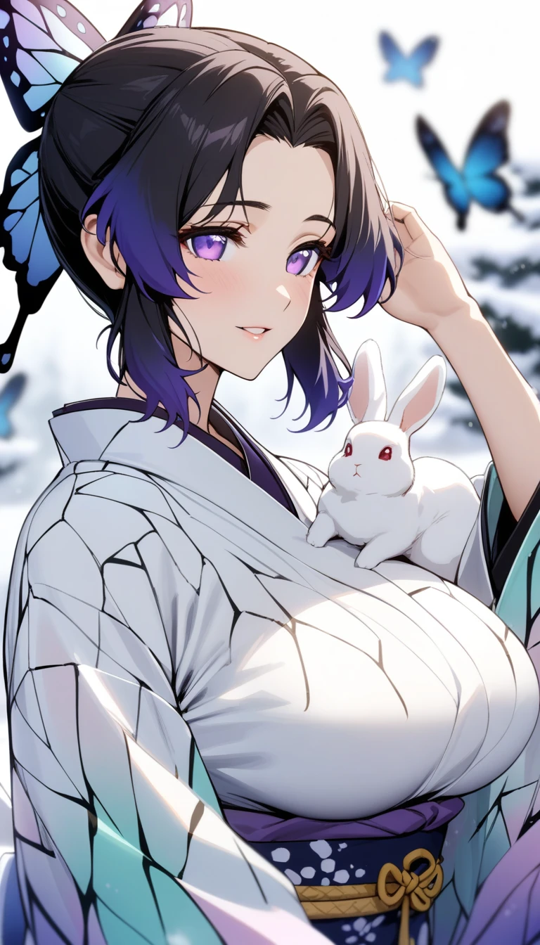 masterpiece, best quality, very aesthetic, absurdres, 1girl, mature_lady, holding 2 big white rabbits, rabbits on breasts, upper body,,Kochou Shinobu, Decorate hair with a butterfly, violet eyes, multi-colored hair, Short hair, Parted bangs, Japanese dress,snow land,blur background,background defocus