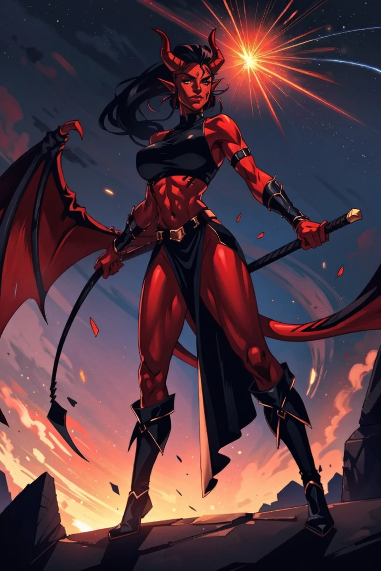 Red skin succubus tiefling, digitigrade legs, full breasts, huge breasts, black horns, wings, huge tail, black leather, crop top, long flowing pelvic curtain, tall, athletic, graceful, thin, long black ponytail. Action scene, whip. Dark scene, explosions, night sky.