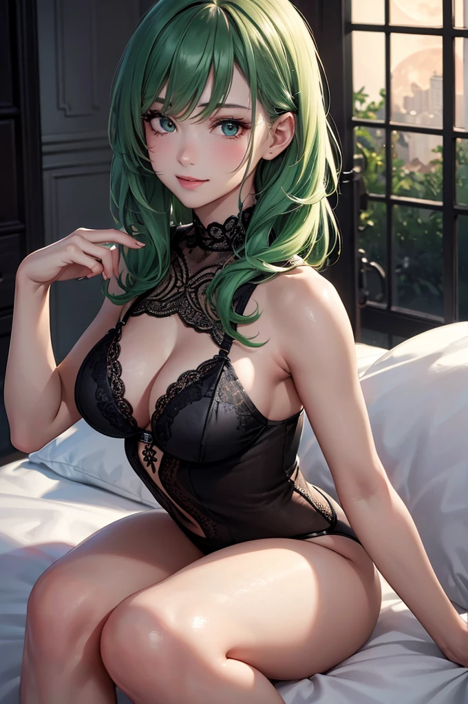 Best Quality,High resolution,8K,finelity detailed background,Masterpiece:1.2),beautiful girl,Shiny green hair,messy hair,Green Eyes,Gentle look,A refreshing look,smile,Best quality,Best Quality,Aesthetic and aesthetic:1.2,Best details((Super detailed))(High-definition CG illustrations),Upper Body, Black underwear,(black intricate lace),Slender body,night,moon,Bedroom,On the bed,smile,blush,cute,Scrounge,Looking up,Being spoiled,super model,wariza,shoot from,below