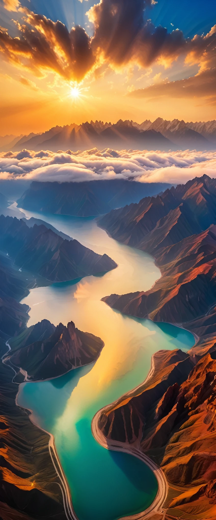 (Highest quality),(masterpiece:1.2),(Very detailed:1.2),Ultra-high resolution,RAW color photos,8K,Vast landscape photography,Realistic photos,Elaborate photos,Skydiving viewpoint,Written boundary depth,Sharp focus,In the clouds,Tianshan Tianchi,Sunset,Beautiful colors,Written boundary depth,Wide Light,Low contrast,Backlight,Sharp focus,Vibrant colors,moving composition