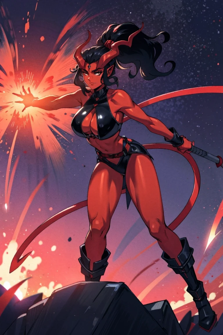 Red skin succubus tiefling, digitigrade legs, full breasts, huge breasts, black horns, wings, huge tail, black leather, crop top, long flowing pelvic curtain, tall, athletic, graceful, thin, long black ponytail. Action scene, whip. Dark scene, explosions, night sky.