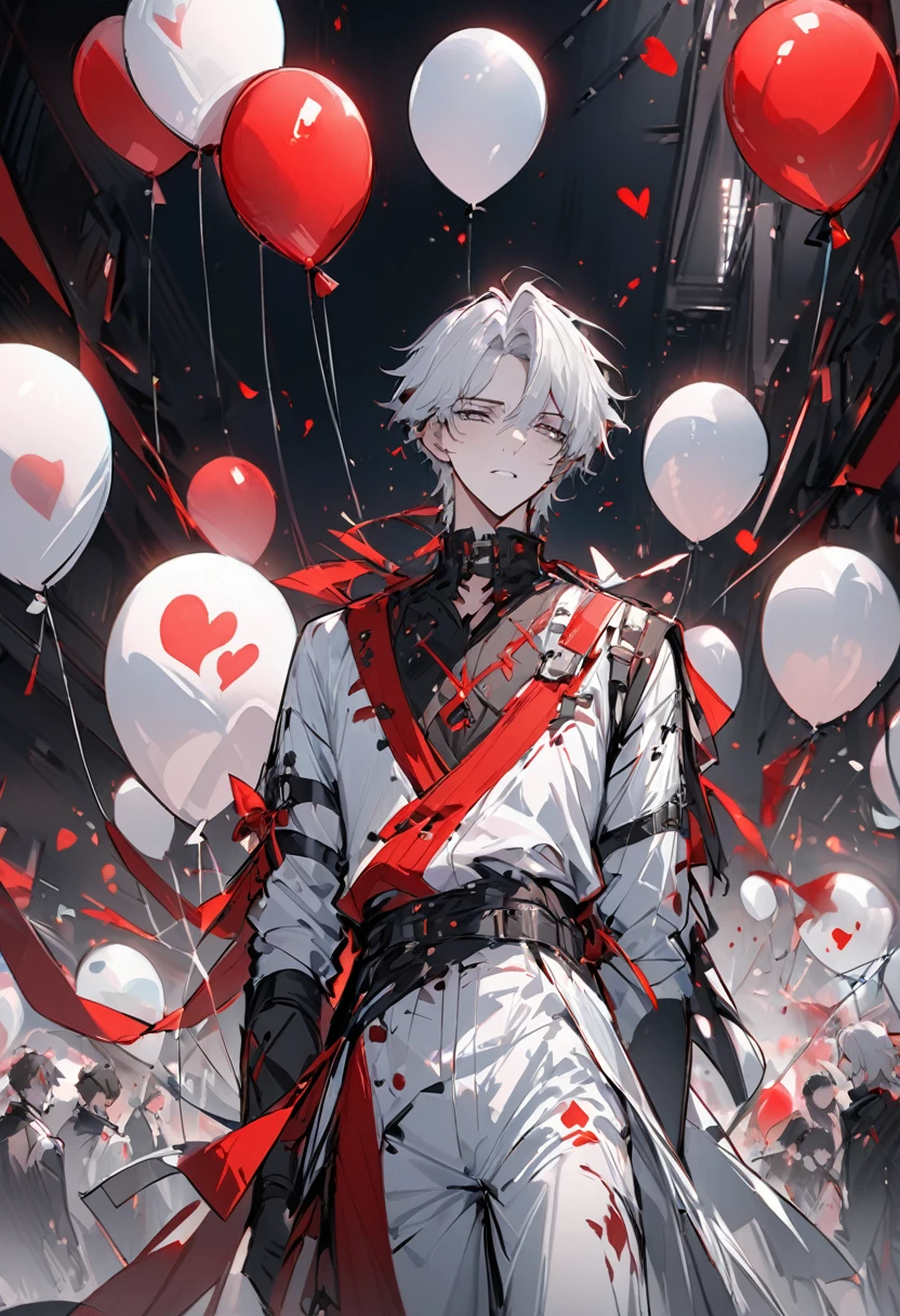 (masterpiece:1.3) of (sketch:1.3),(sad:1.3) 1 clown, Boys, 华丽of小丑服,Bleeding in the heart,Looking at the audience,Balloons everywhere, Red and white as theme colors,Dark background,一些隐藏在黑暗中of笑脸表情符号