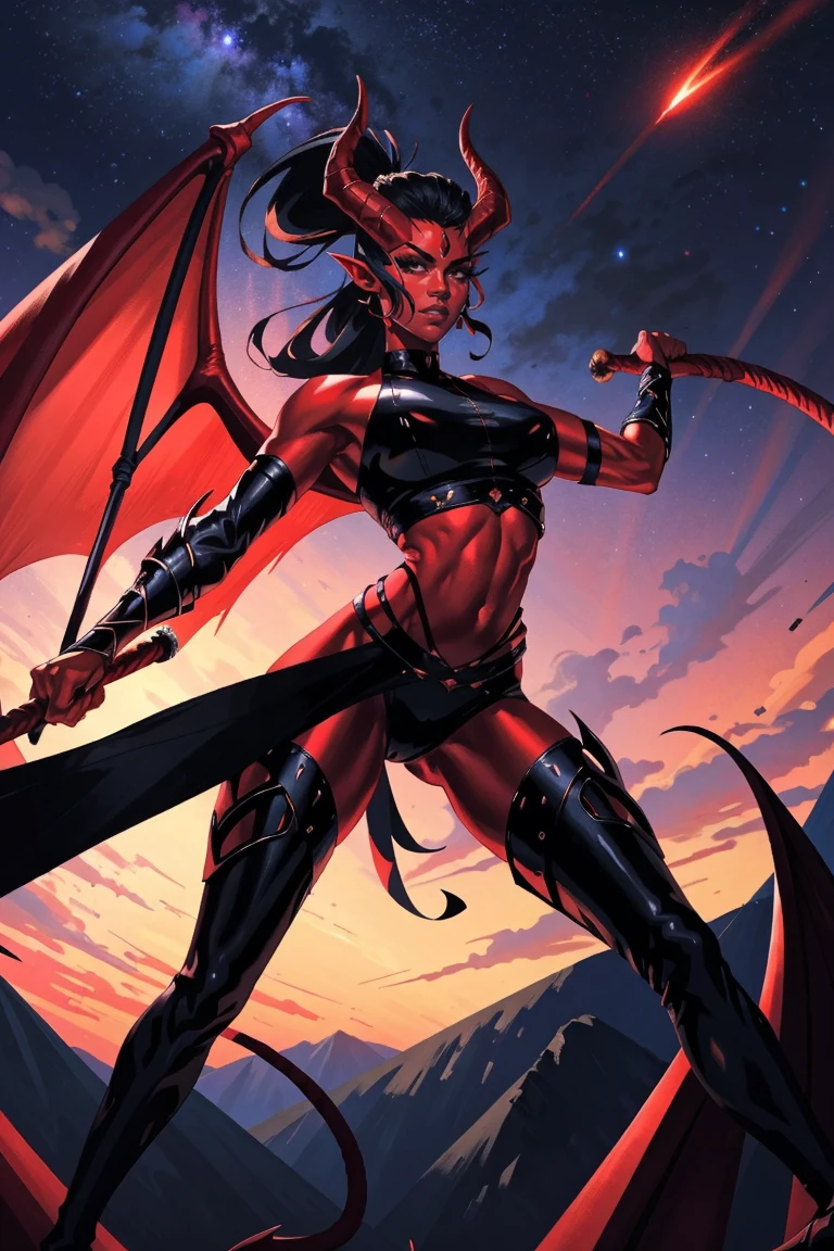 Red skin succubus tiefling, digitigrade legs, full breasts, huge breasts, black horns, wings, huge tail, black leather, crop top, long flowing pelvic curtain, tall, athletic, graceful, thin, long black ponytail. Action scene, whip. Dark scene, explosions, night sky.