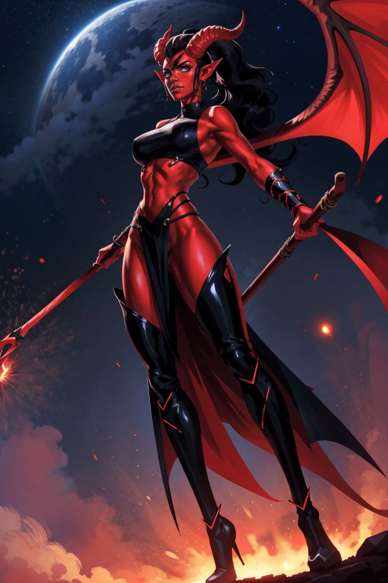 Red skin succubus tiefling, digitigrade legs, full breasts, huge breasts, black horns, wings, huge tail, black leather, crop top, long flowing pelvic curtain, tall, athletic, graceful, thin, long black ponytail. Action scene, whip. Dark scene, explosions, night sky.