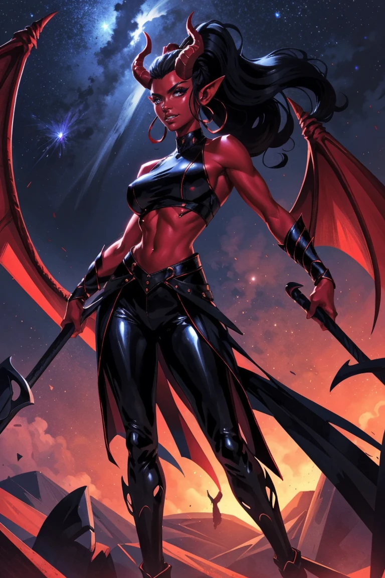 Red skin succubus tiefling, digitigrade legs, full breasts, huge breasts, black horns, wings, huge tail, black leather, crop top, long flowing pelvic curtain, tall, athletic, graceful, thin, long black ponytail. Action scene, whip. Dark scene, explosions, night sky.