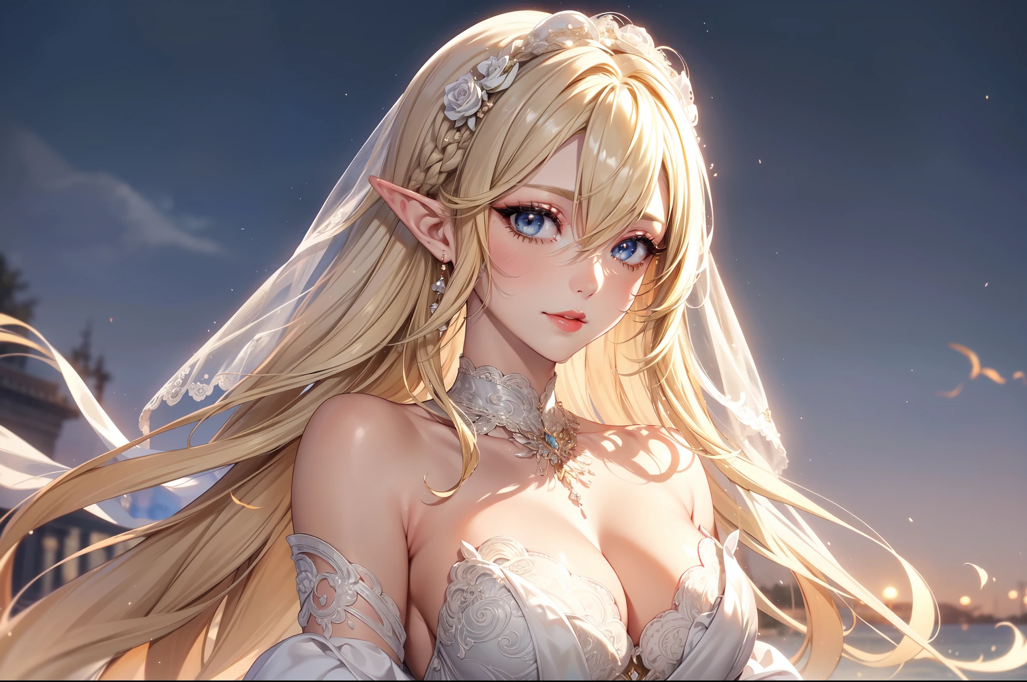 (masterpiece, best quality, beautiful and aesthetic:1.3), A beautiful elf lady, look back, side view, 1 elf girl, (solo:1.3), light smile, (honey blonde hair streaked beige:1.4), (Gradient sliver hair ends:1.6), hair strand, absurdly long hair, single sidelock, wavy hair, shiny hair, floating hair, (sky blue eyes), delicate eyes, aqua eyes, super high detailed eyes, long upper eyelashes, eyes makeup, red lips, Focus on face, Very detailed facial, (Pretty Face:1.3), Perfect medium chest, slim body, porcelain skin, (Delicate skin texture:1.2), (Highly detailed skin:1.2), bridal veil, lace-trimmed dress, see-through, wedding dress, (outdoors), white roses, garden, (morning), detailed background, beautiful background, standing, whole body, extreme detailed, Edge lighting, two color lights, 8K UHD, Bokeh, イーブイの絵, soft light, Volumetric lighting, confess, warm tone