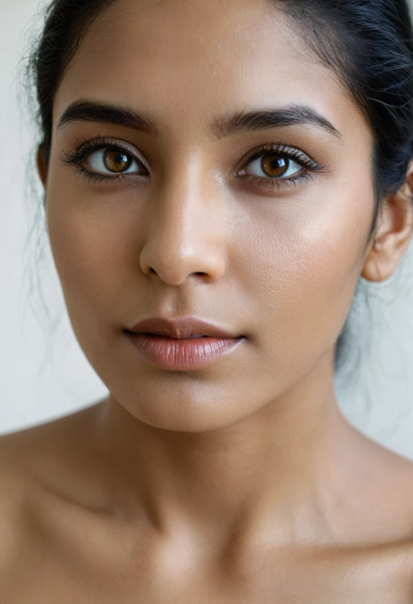 Photorealistic photographic portrait of an exotic and beautiful Indian woman looking into camera, ((completely nude)), ((beyond perfect body)), ((photorealistic)), ((cinematic photorealism, high definition))