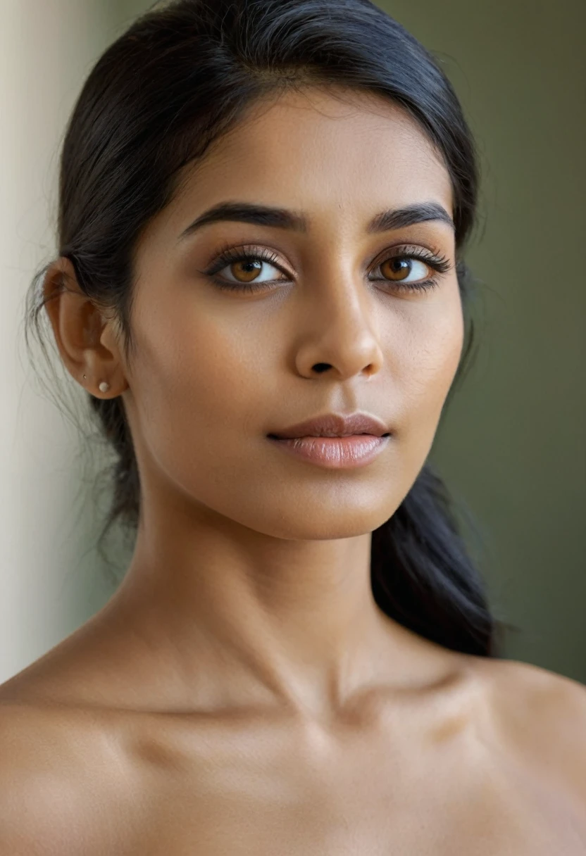 Photorealistic photographic portrait of an exotic and beautiful Indian woman looking into camera, ((completely nude)), ((beyond perfect body)), ((photorealistic)), ((cinematic photorealism, high definition))