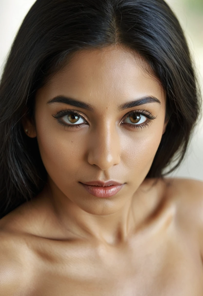 Photorealistic photographic portrait of an exotic and beautiful Indian woman looking into camera, ((completely nude)), ((beyond perfect body)), ((photorealistic)), ((cinematic photorealism, high definition))