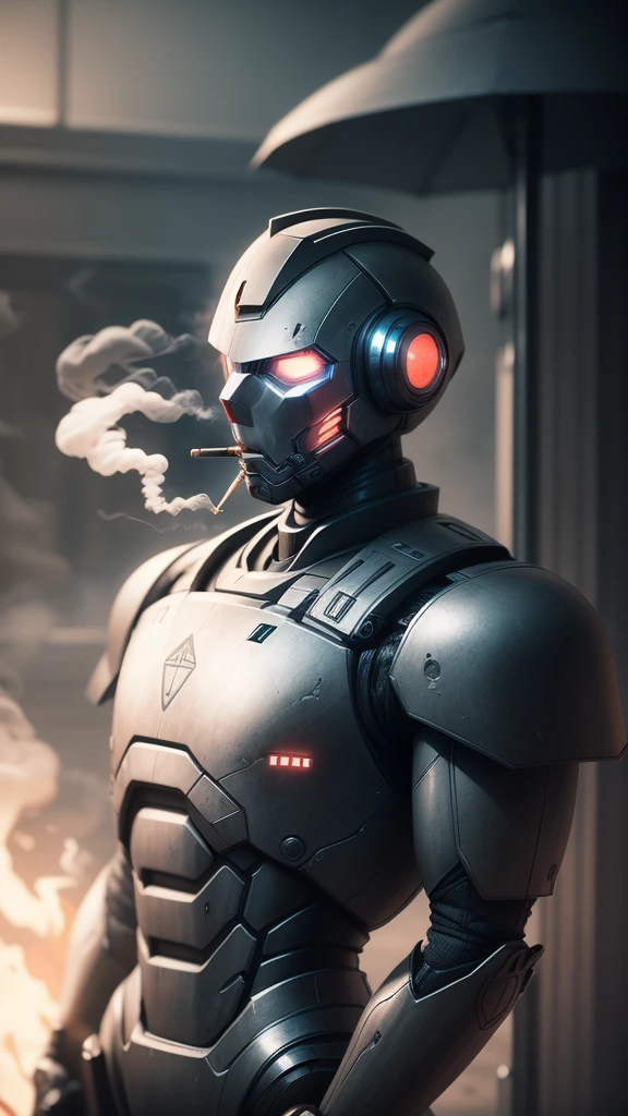 A calm iron robot in a black suit smoking a cigarette