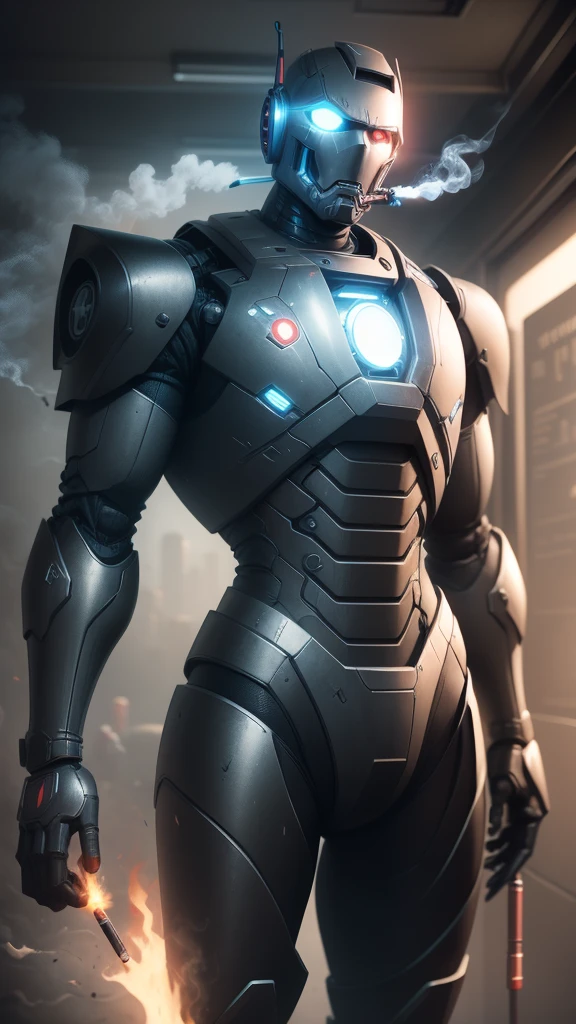 A calm iron robot in a black suit smoking a cigarette