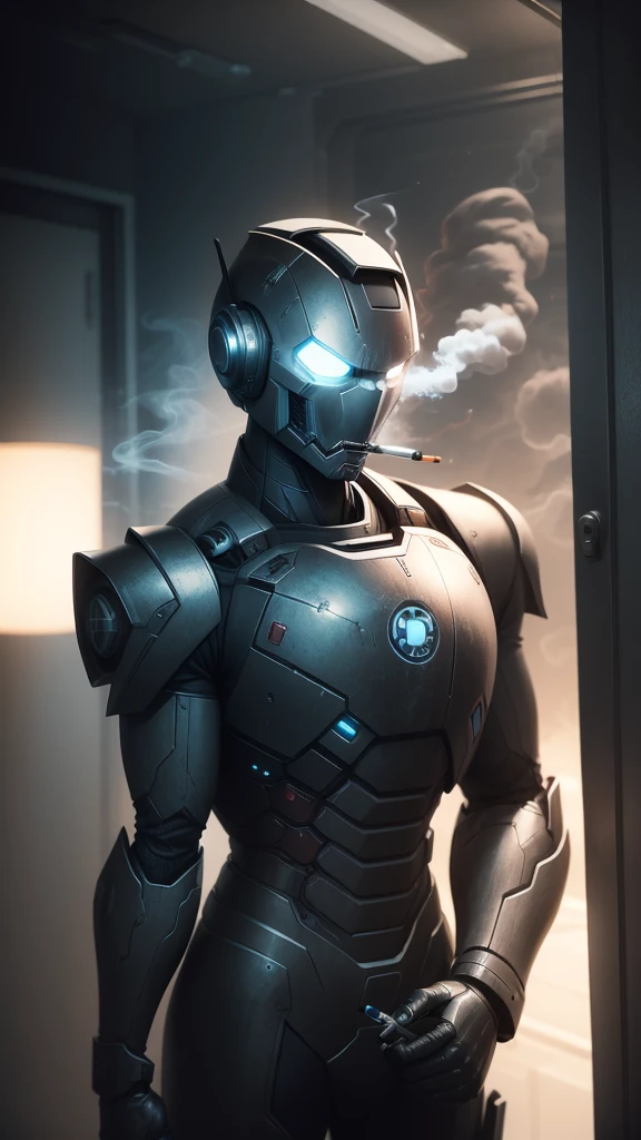 A calm iron robot in a black suit smoking a cigarette