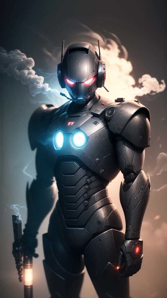 A calm iron robot in a black suit smoking a cigarette