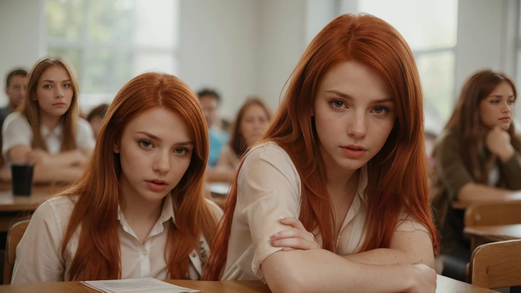 sitting at a table with red hair, Sexy photo of a pretty young sexy woman with bright red tousled hair, a bit like Scarlett Johansson, juicy figure, big breasts, wonderful big eyes and full lips, at school , In the classroom context,  Attire, She is angry, annoyed, without clothes he sits at the table