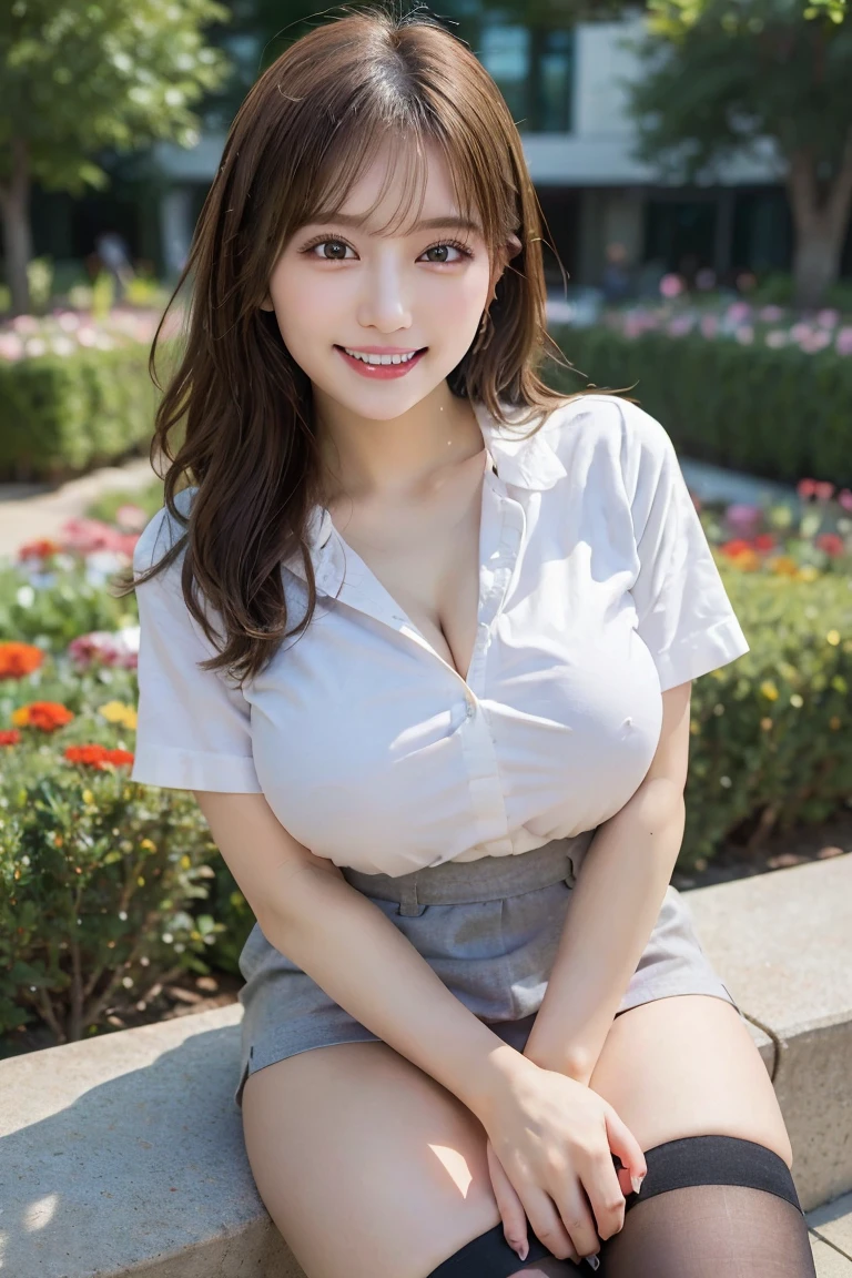 Vast flower garden , Highest quality, shape, Very detailed, In detail, High resolution, 8k wallpaper, Perfect dynamic composition, Beautiful details, Natural Lip, Oversized shirt and miniskirt, Big Breasts,Panty shot,, She is smiling and making a cute pose ..., A masterpiece of the whole body, Angle from below