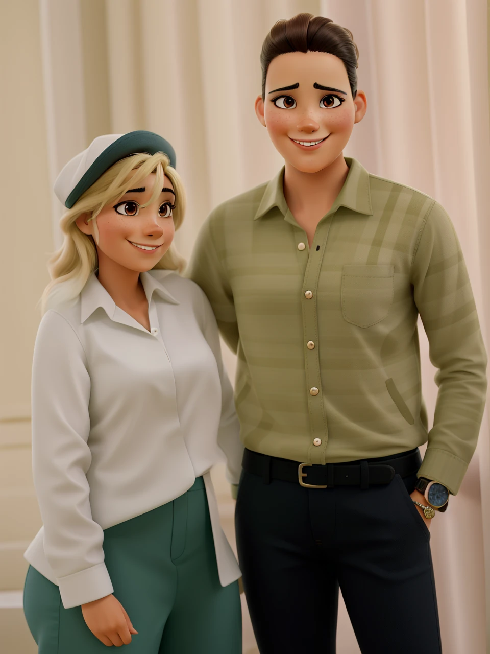 A smiling Latina veterinarian woman hugged an eye-pierced Golden Retriever affectionately, with a cat painted with brown stripes on his arm next to him. The room was illuminated by a soft, warm light that came from a window overlooking the street., reflejando la belleza en los ojos de la mujer. His clothing was casual and practical., according to your profession, pero llena de calidez y amor. The dog's eyes stayed fixed on its owner's face, expresando la