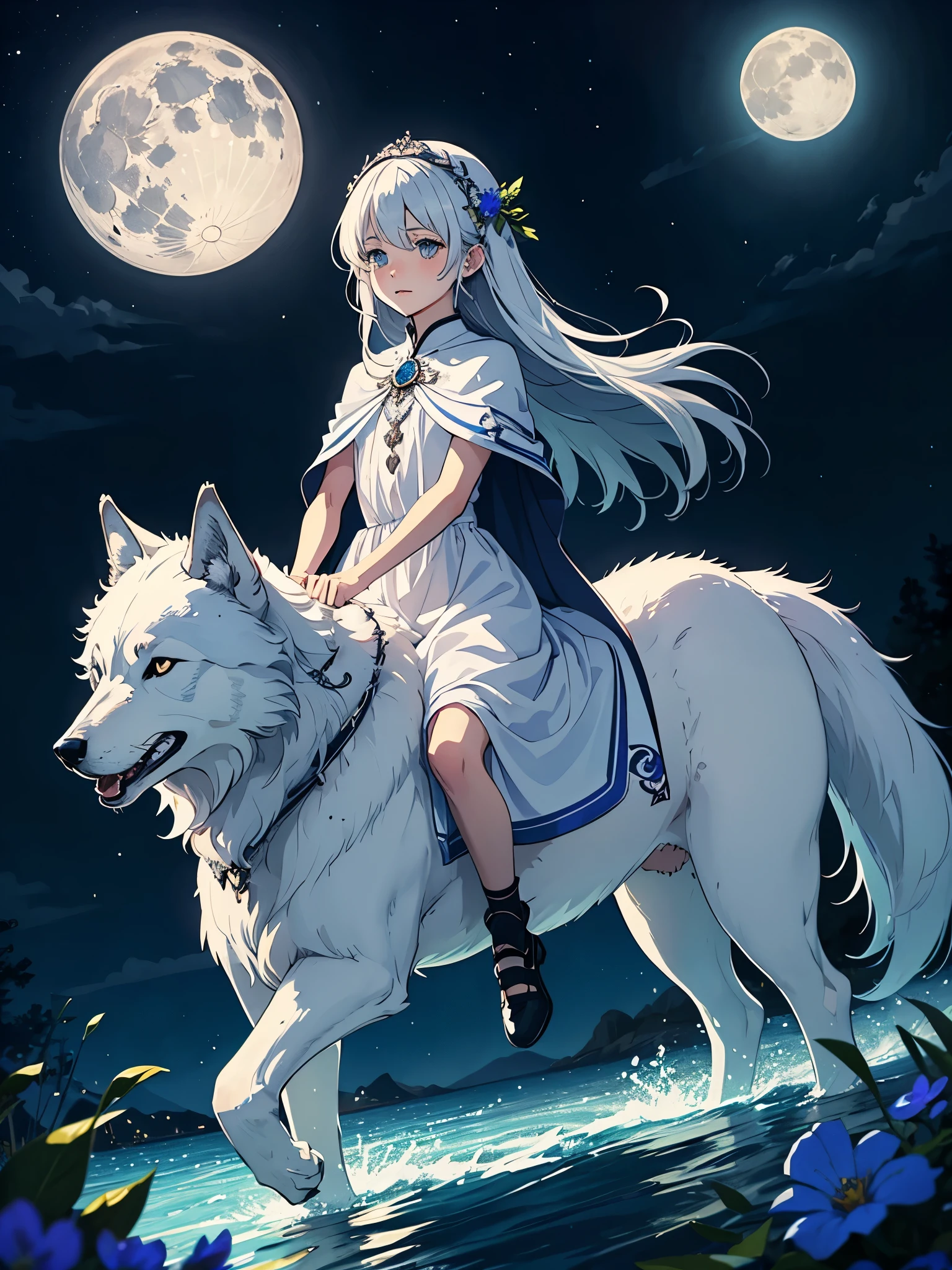 Riding a wolf. Göttliches Kind. ???. cutie pie. Younger. More anime. male. Light Blue flowers. Long hair. long white hair. aquatic, boy, God of the Moon, silver hair accessories, White hair, White dress, cape, at night.