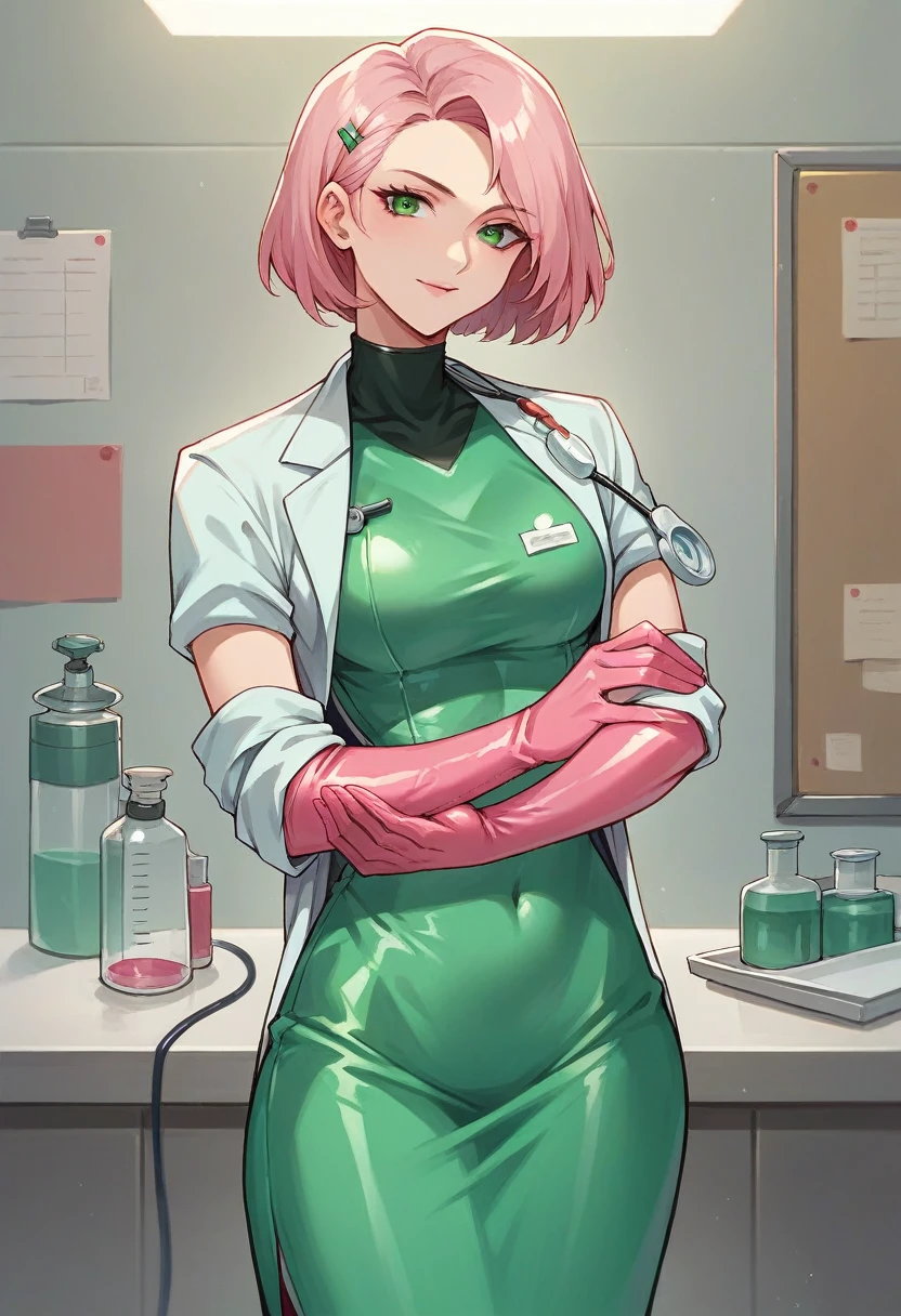 1girl, ((pink elbow gloves)), ((surgical gloves)), ((latex gloves)), ((green surgeon outfit)), looking at viewer, ((long sleeves)), ((doctor)), standing, solo