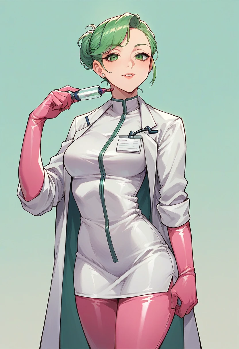 1girl, ((pink elbow gloves)), ((surgical gloves)), ((latex gloves)), ((green surgeon outfit)), looking at viewer, ((long sleeves)), ((doctor)), standing, solo