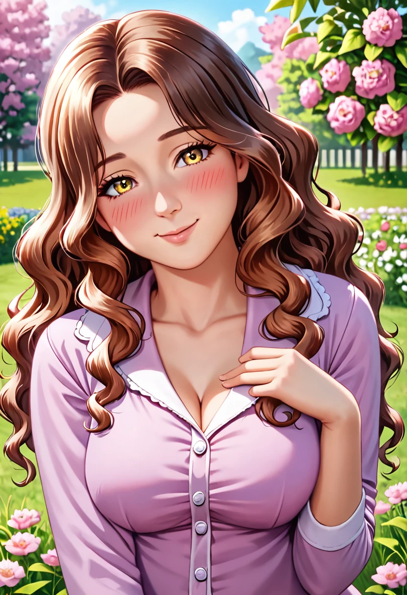 Anime style, 1girl, young busty female, ((brown color hair, long wavy hair)), yellow eyes, double eyelids, light effect on the eyes, wide hips, stylish, beautiful smile, shy, blush on cheeks, ((sexy body)), solo, best quality, masterpiece, portrait, flirting with viewer, sensual pose, detailed, perfect anatomy, detailed art, high definition, 4k , high resolution, garden, grass, ((sexy pajamas)),