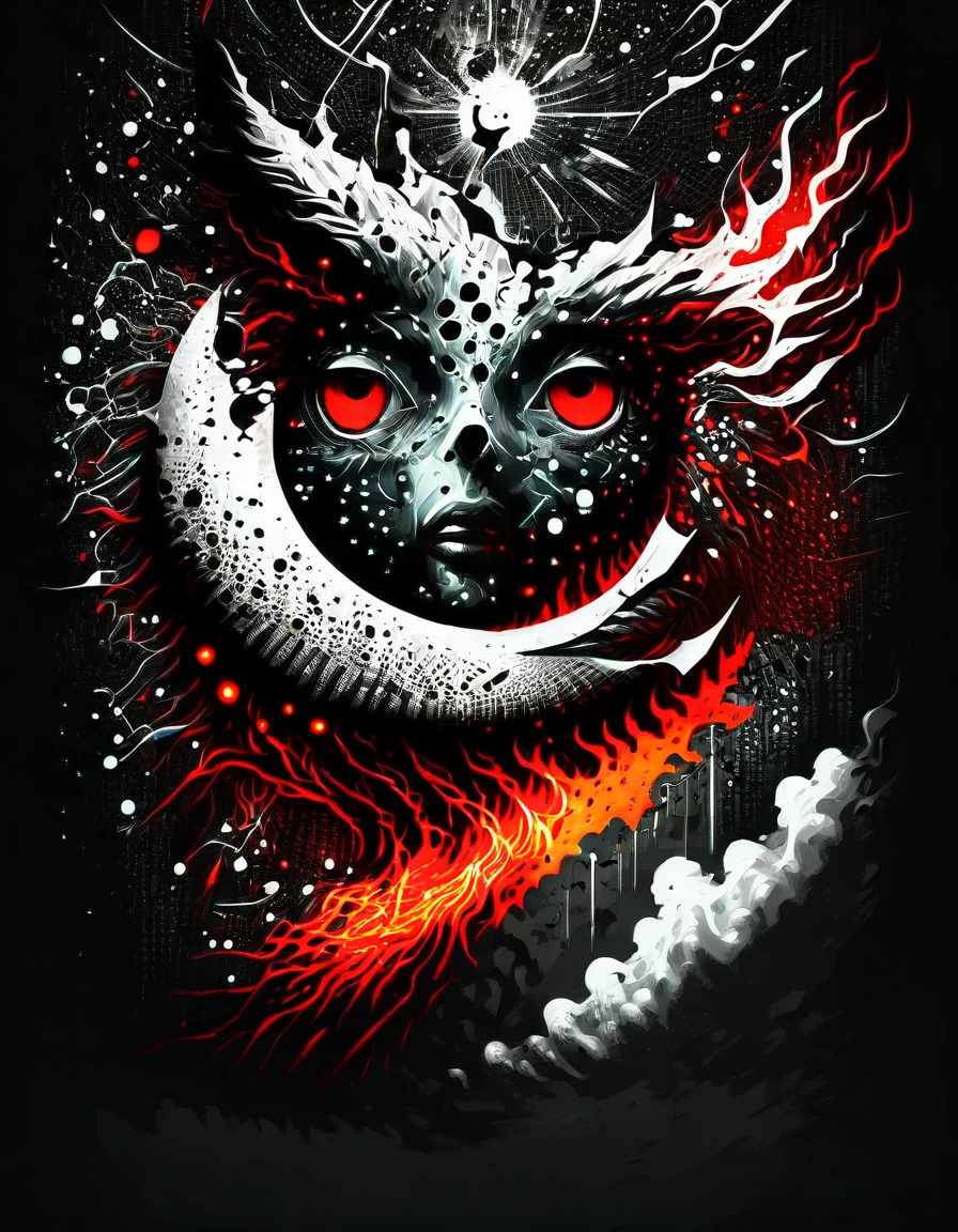 High Resolution, High Quality , Masterpiece .Hyper-realistic ink drawing with surreal colors, elements of absurdity in the style of Ross Tran featuring postal envelopes aflame as a reference to Roby Dwi Antono, letters, broken hearts, skulls, and a treble clef ascending into a starry sky, chiaroscuro lighting enhancing symbols of departed love, a moon adorned with eyes emitting an air of melancholy, atmospheric mood. 